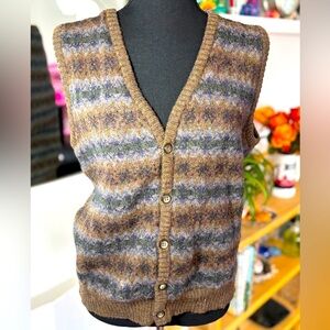 Vintage Boston Traders 100% Pure Wool Striped Sleveless Cardigan Button Up SZL